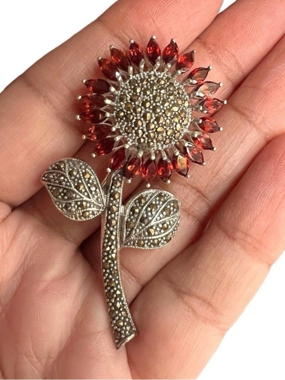 Vintage 925 Sterling Silver Marcasite Sunflower Brooch with Marquise Cut Garnets